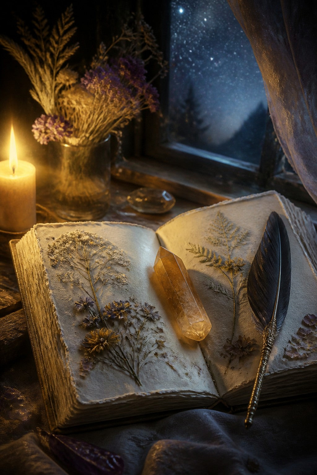 An open handmade journal with pressed flowers and a feather pen, a citrine point resting on the page, candle glow and starlight from a window