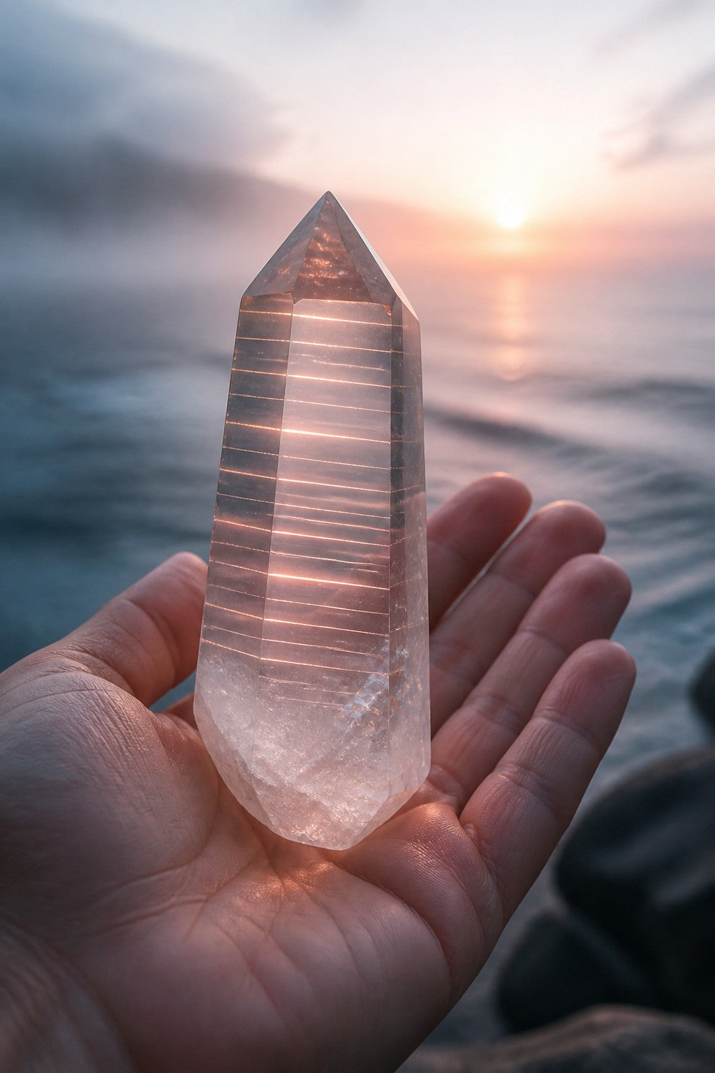 Close view of a Lemurian quartz point with fine horizontal ridges glowing like faint light lines, held in an open palm against a misty ocean dawn