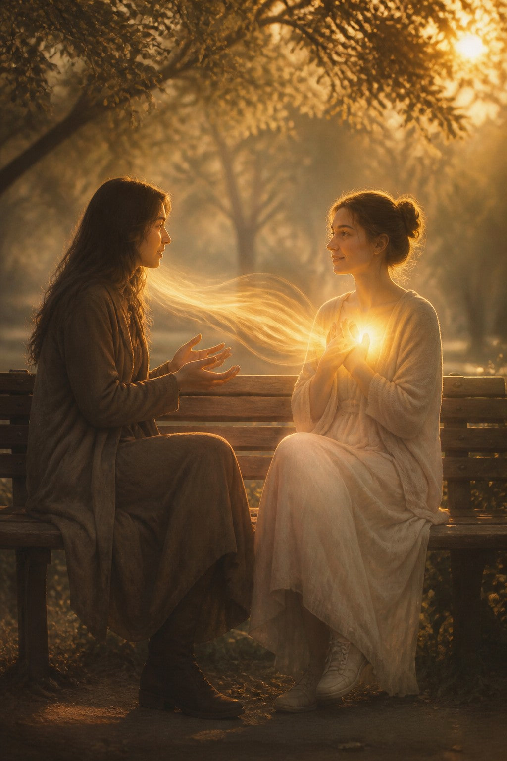 Two people on a park bench, one speaking and one listening fully, a soft golden light flowing from the listener's heart