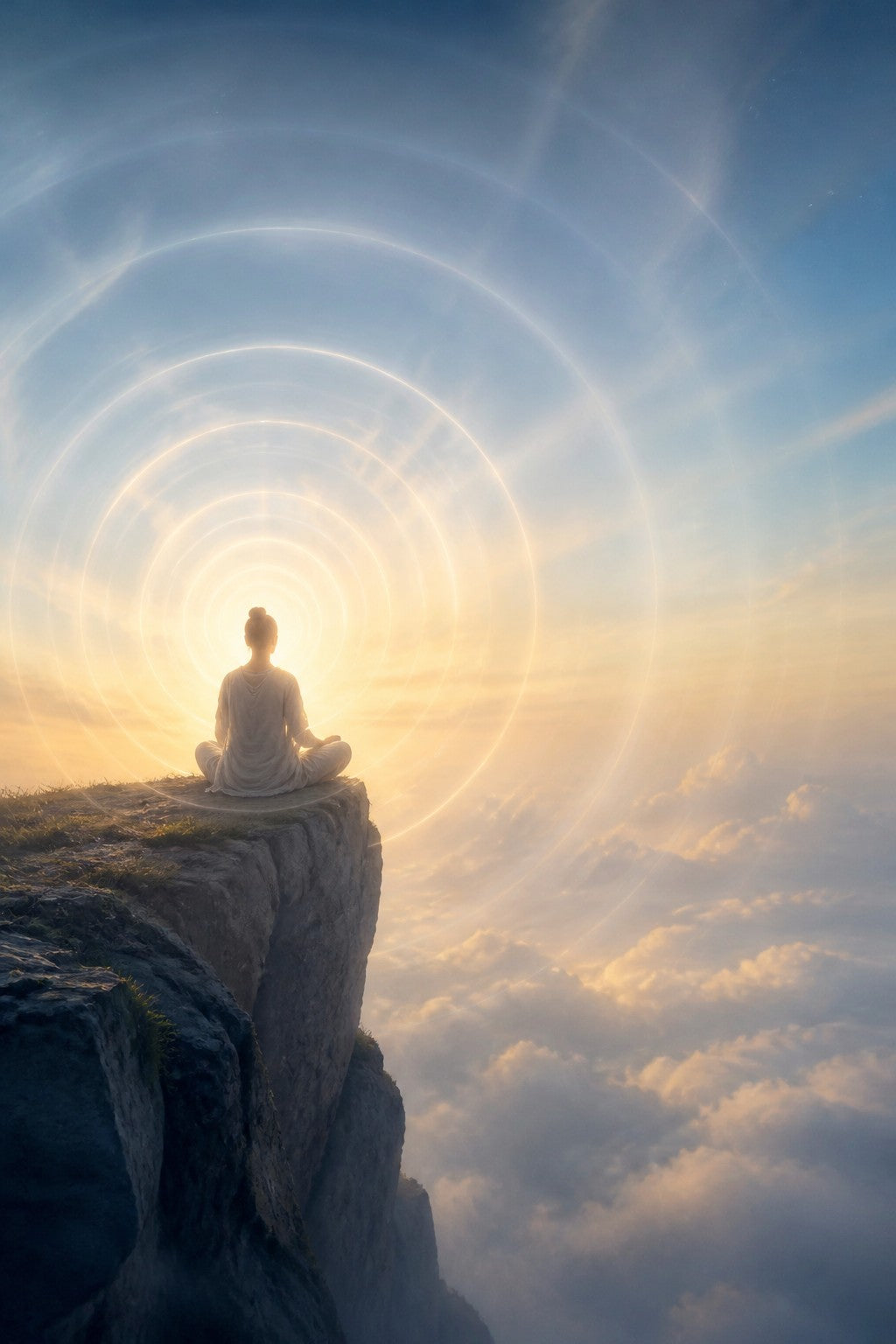 A meditator on a cliff overlooking an endless open sky, their awareness shown as soft expanding rings of light