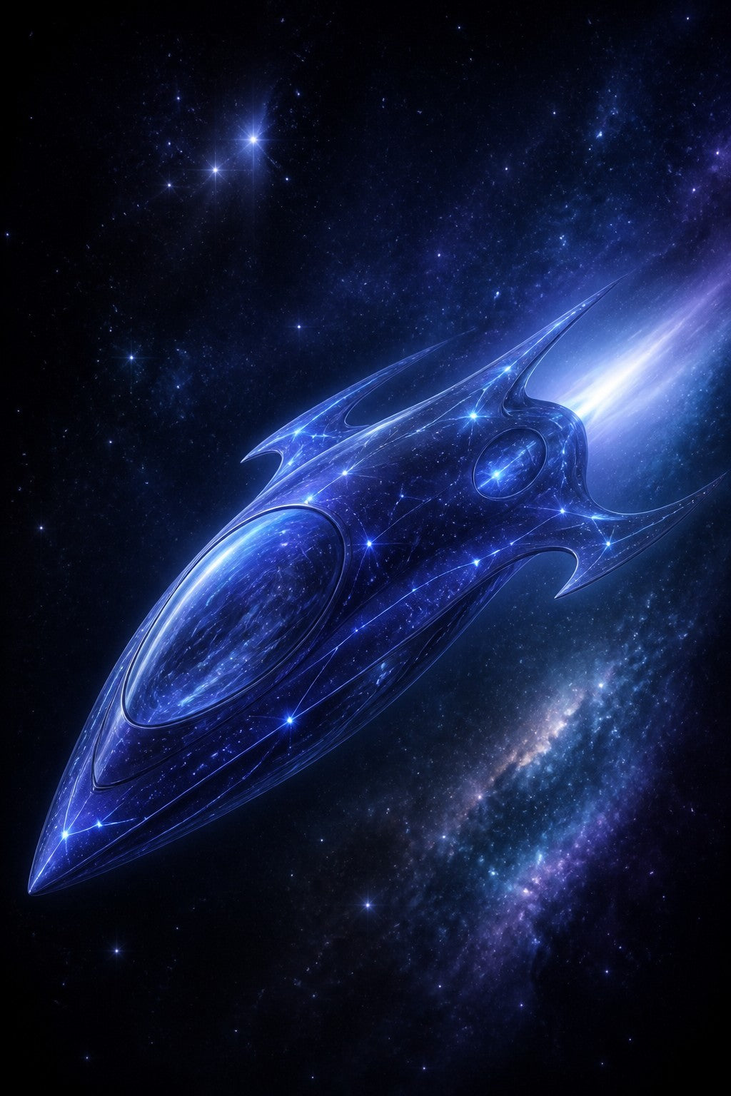 Starwhisper, a sleek elegant starship with an elongated teardrop body, deep translucent indigo blue hull covered in softly pulsing glowing constellation lines, smooth crystalline canopy, clean white blue engine glow from