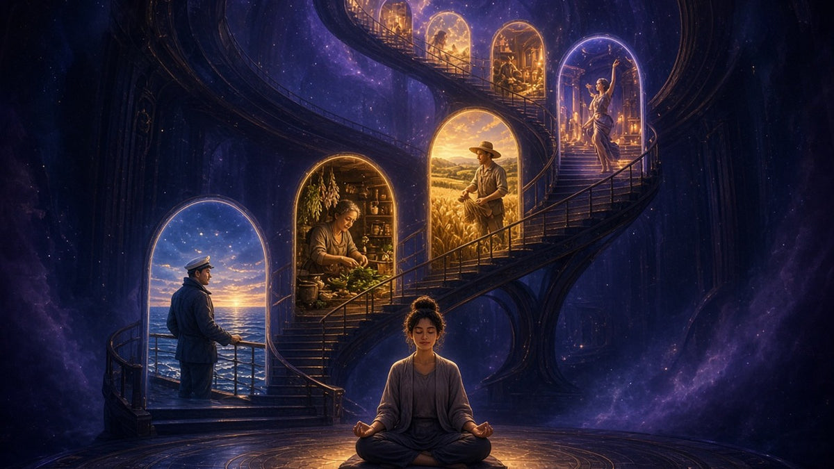 A calm person meditating cross-legged in a dim room, a luminous spiral staircase of glowing windows rising around them