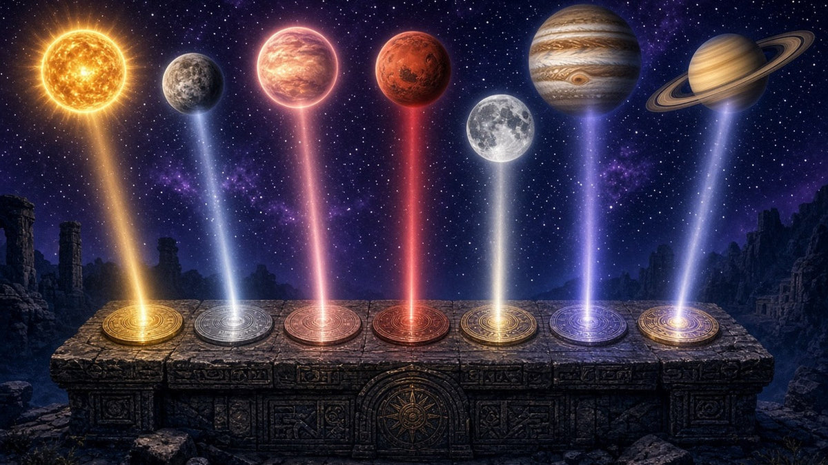 Seven luminous planets arranged in a graceful arc across a deep indigo starry sky (golden Sun, silver Moon, quick Mercury