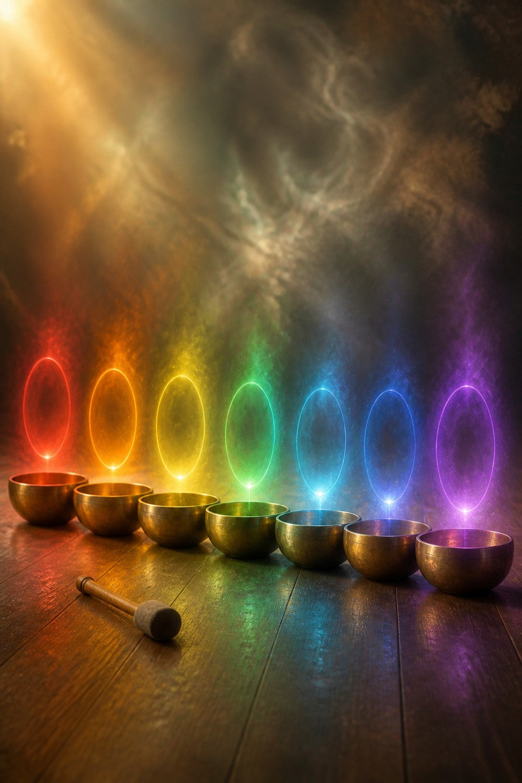 Seven brass singing bowls in a row on a wooden floor, each releasing a faint ring of colored light from red to violet, a mallet resting nearby
