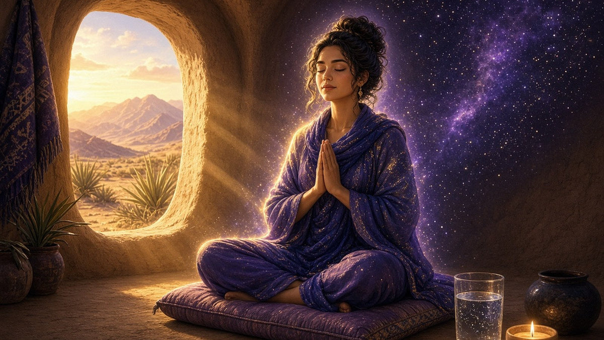 A serene woman sitting cross-legged on a cushion in a sunlit adobe room, eyes closed in prayer