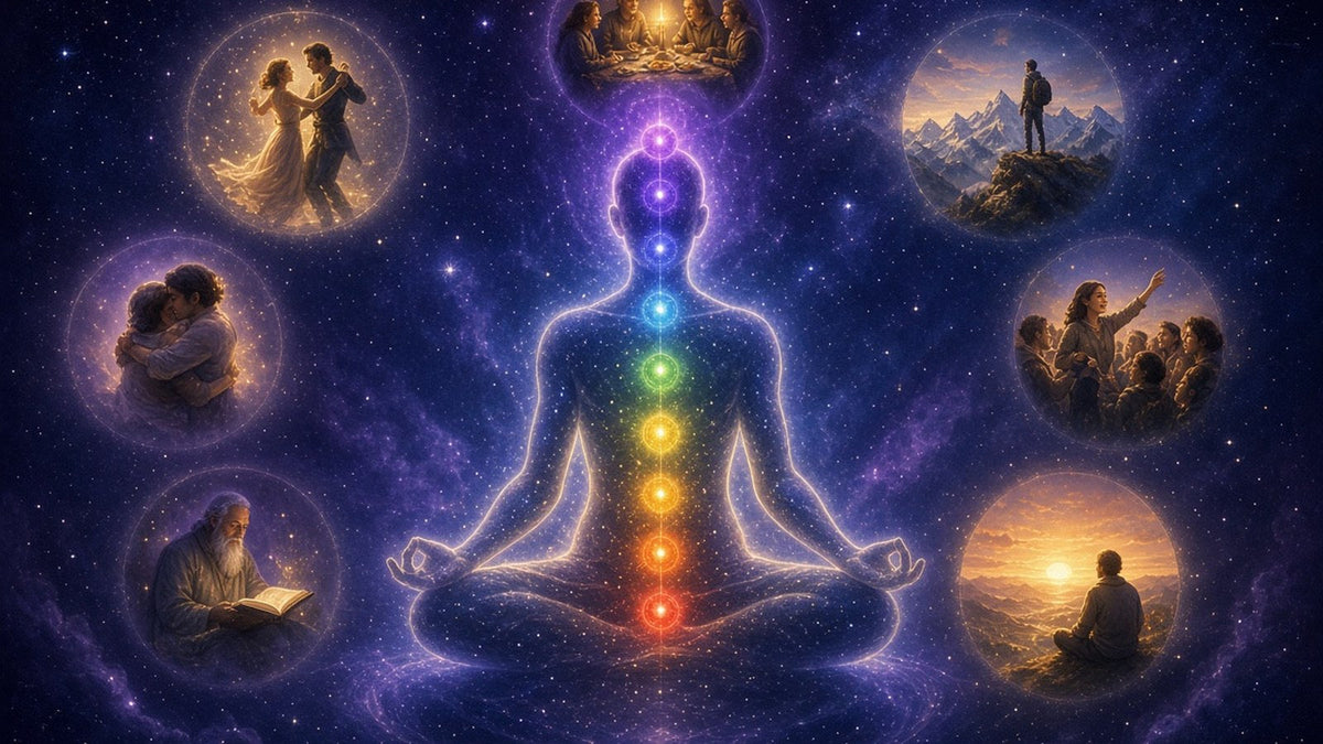 A serene meditating figure made of soft starlight, seven jewel-like chakras glowing from red to violet along the spine