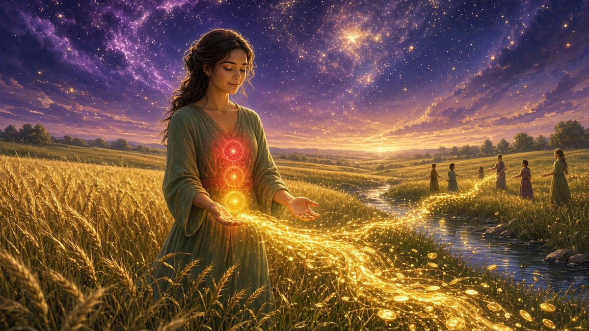 A calm woman standing in a sunlit wheat field, her root, sacral and solar plexus chakras glowing in red, orange and gold
