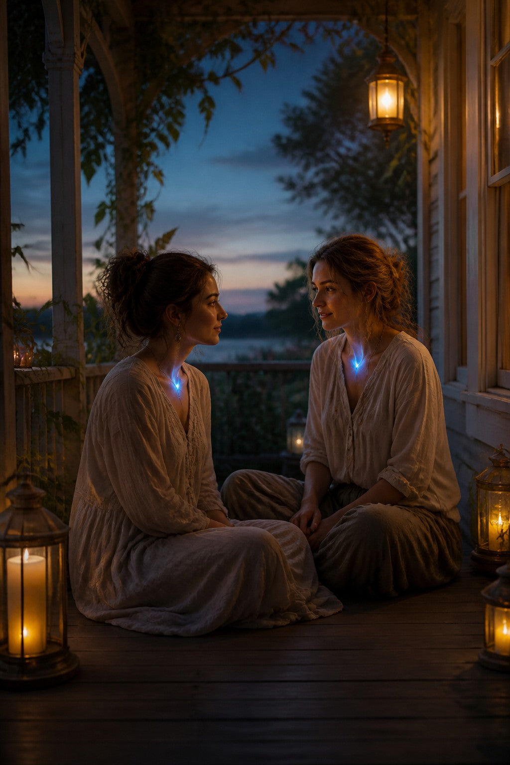 Two friends talking softly on a porch at dusk, a gentle sky blue light glowing at each throat, warm lanterns, honest and kind mood