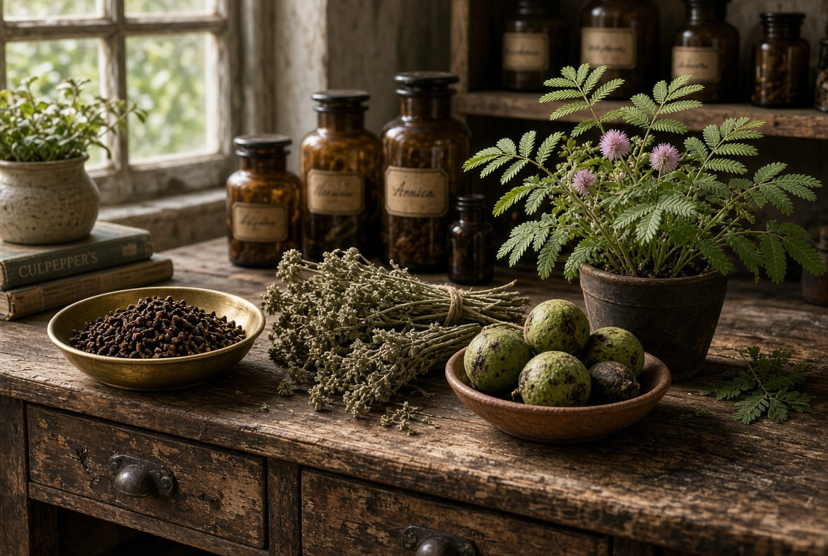 Apothecary table with clove, wormwood, black walnut and mimosa pudica in a traditional herb display