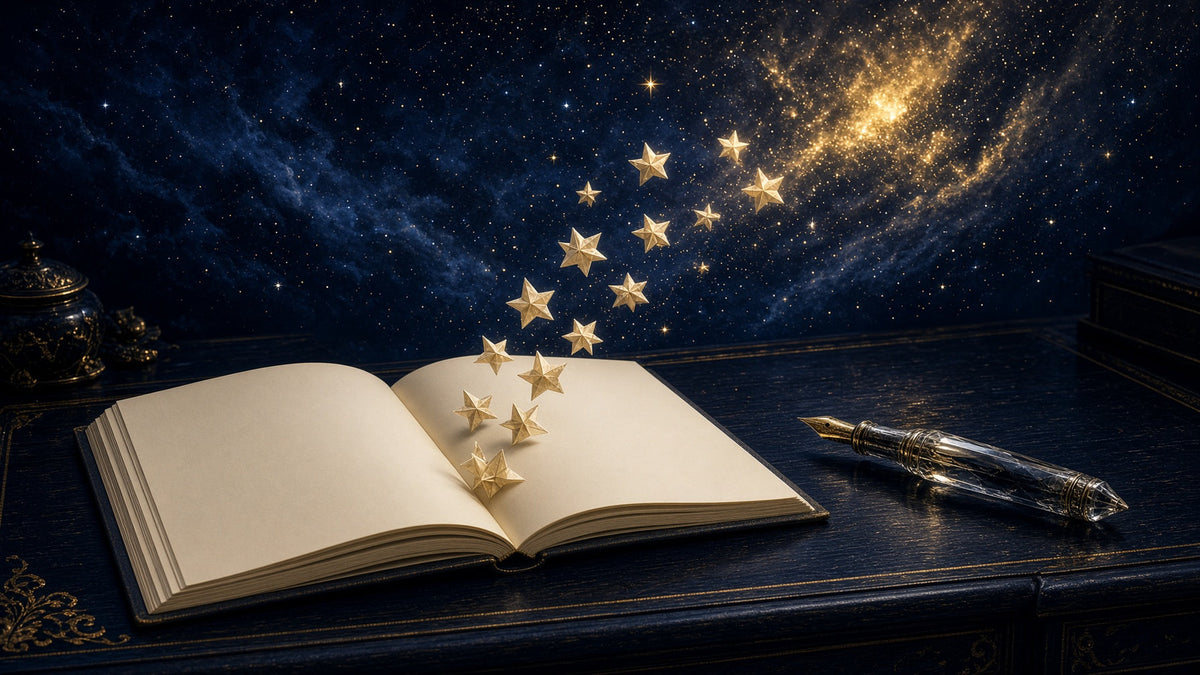 An open journal with blank cream pages on a dark writing desk, golden paper stars rising from its pages into a midnight nebula beside a clear crystal fountain pen