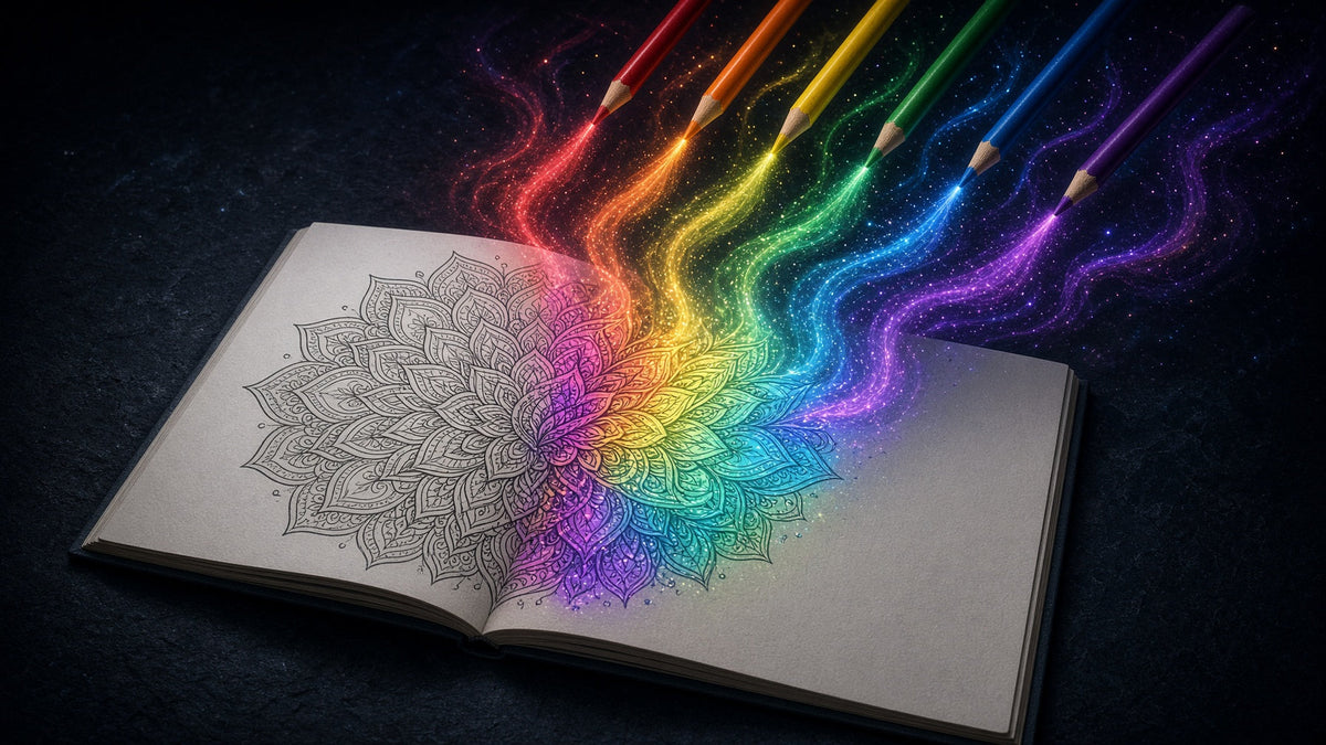 An open coloring book with a sacred mandala drawing as floating colored pencils trail rainbow light that fills the design with glowing color and drifts into the cosmos