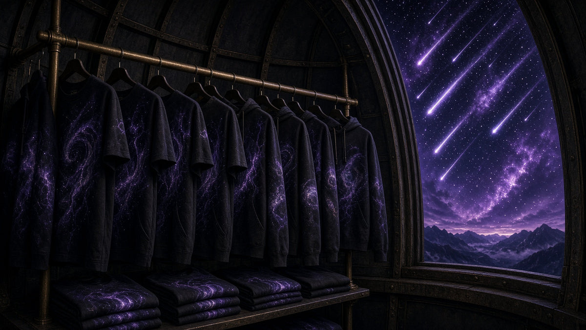 Black cosmic print tees and hoodies hanging on a brass rail inside an old observatory dome, open to a brilliant violet meteor shower streaking across the night sky