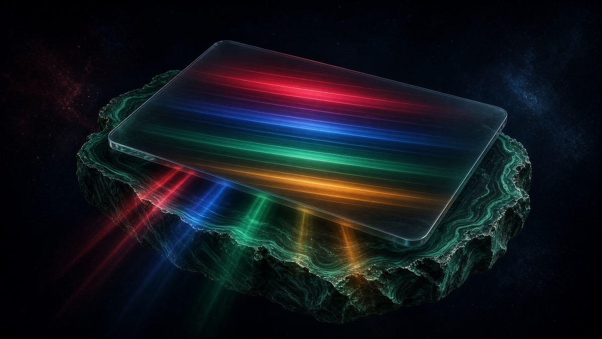A translucent glass tablet resting on a floating slab of green malachite, glowing with bands of ruby, sapphire, emerald and amber light like a luminous planner for mindful days