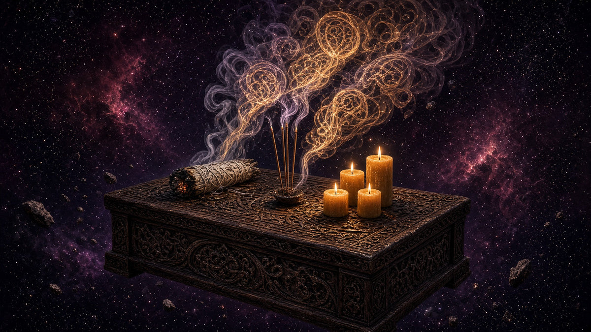 A carved wooden ritual altar floating in space with a white sage bundle, burning incense sticks and glowing beeswax candles, their smoke rising into golden knotwork among the stars