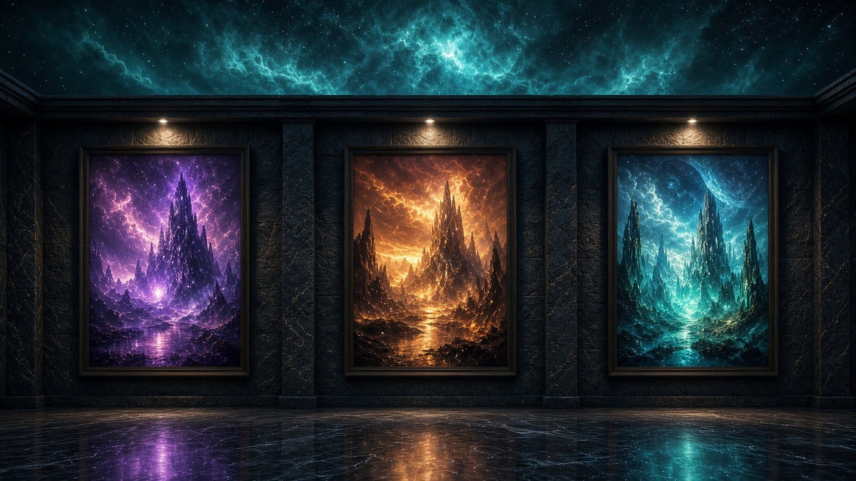 Three framed Starseed art posters of glowing violet, amber and teal alien crystal landscapes in a dark stone gallery, lit by spotlights beneath an open teal nebula