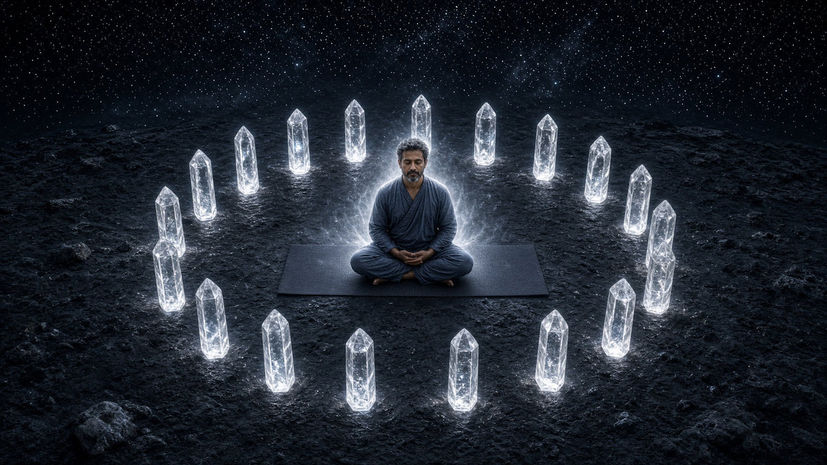 A man with a salt and pepper beard meditating cross legged on a yoga mat inside a sacred circle of glowing clear quartz points, surrounded by a silver aura beneath a field of stars