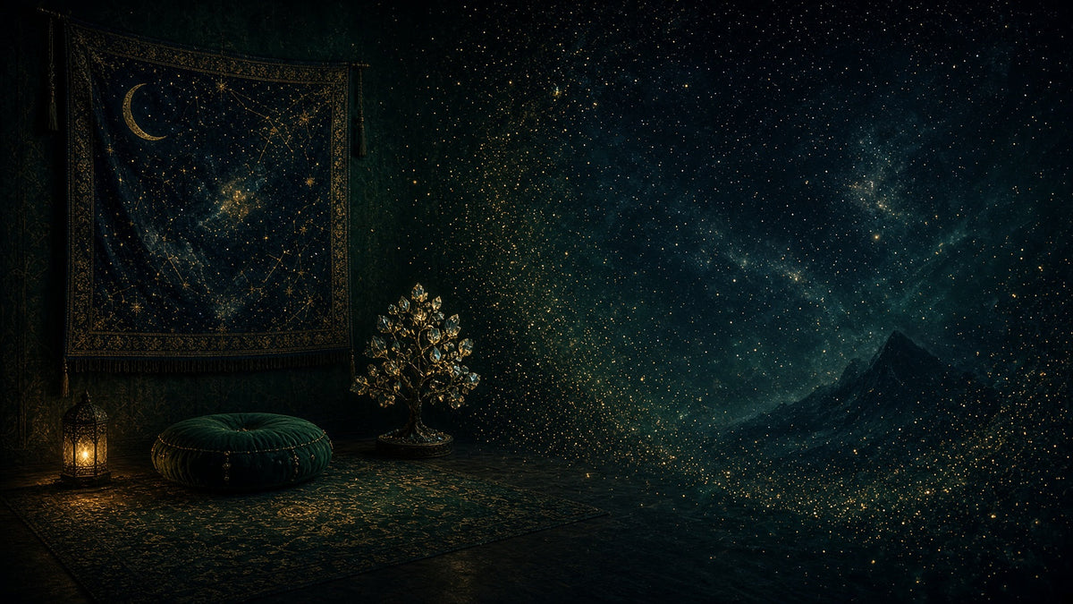 A serene emerald sanctuary with a celestial moon tapestry, a crystal tree, a floor cushion and a glowing lantern, the far wall dissolving into golden stardust and an open starfield
