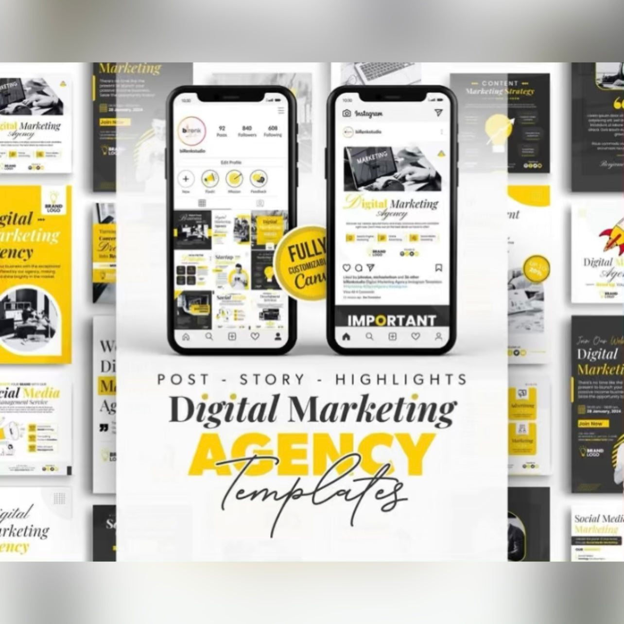 225 Digital marketing templates 50 post, 50 stories, 125 highlights