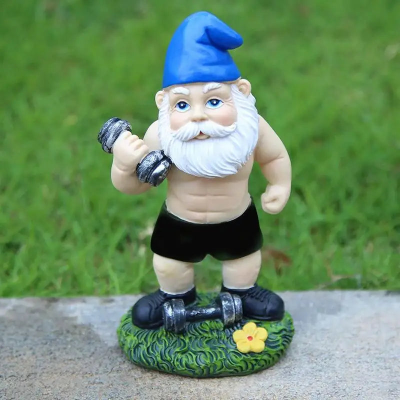 Cute Creative Naughty Gnome Dwarf Garden Decor Statue Old Man Fairy Ornament Easter Dumbbell Weightlifting Gnome Sculpture